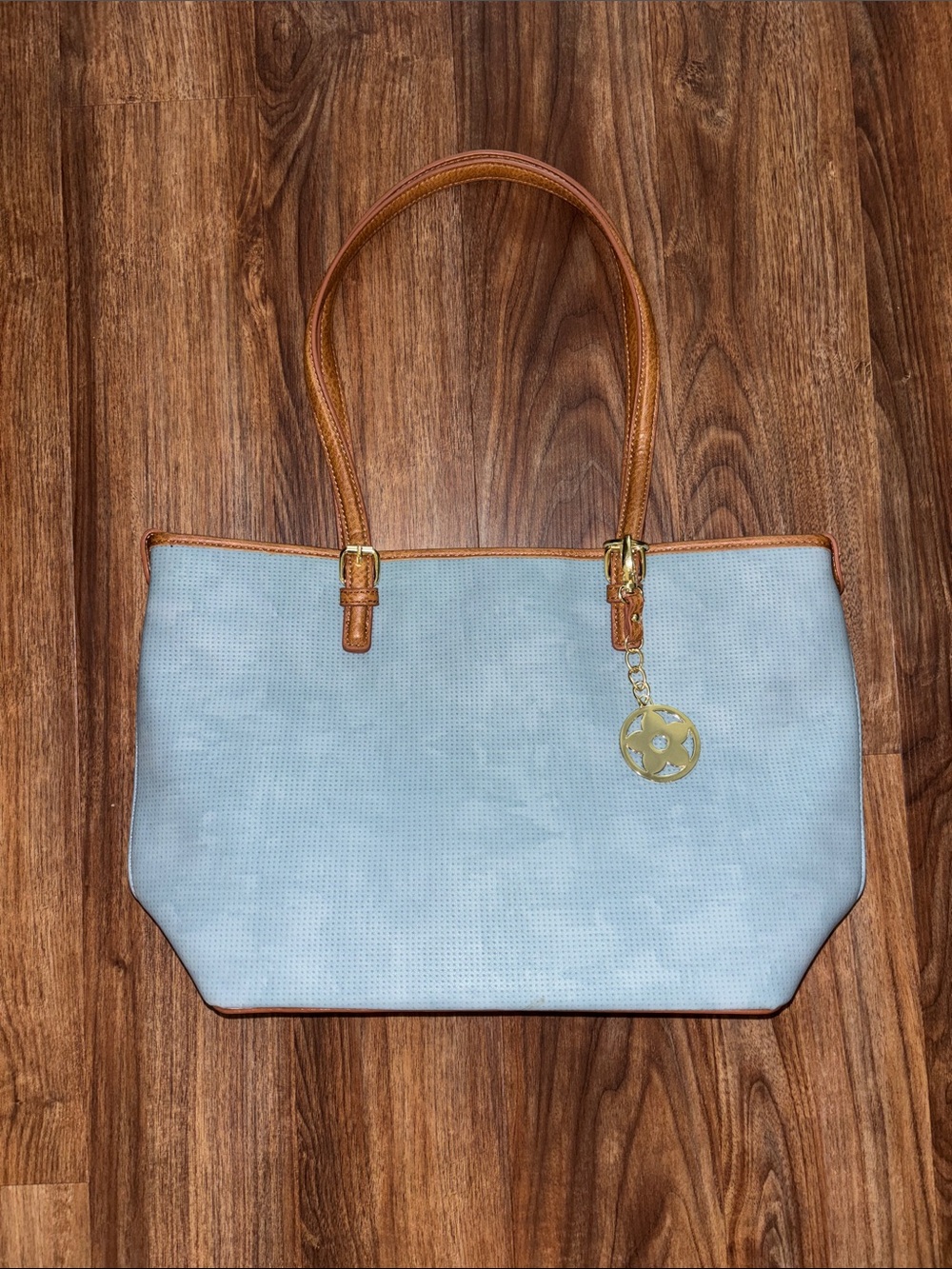Bueno Light Blue Tote with Tan Trim and Gold Charm